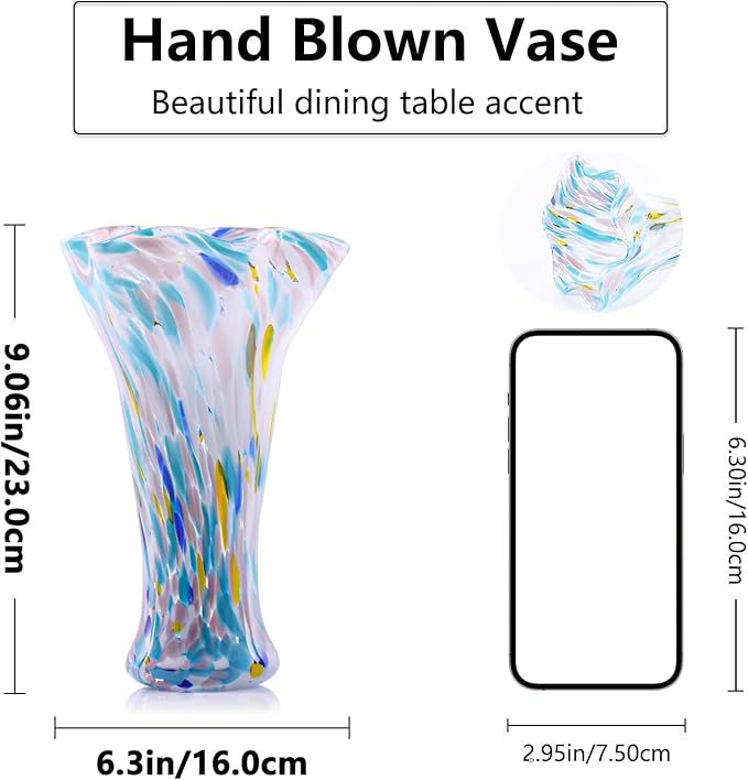9.0" H Blue Glass Vases for Flowers, Unique Hand Blown Glass Vase Blue Home Decor, Wide Mouth Colorful Flower Vase Centerpieces, for Living Room Table Bookshelf, Bathroom Office Shelf Decorative