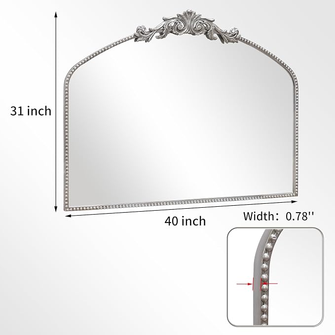 Antique Silver Arch Wall Mirror, 40"x30" Vintage Mantel Mirror with Ornate Metal Frame, Baroque Home Decor for Fireplace/Entryway/Bathroom/Living Room/Hallway