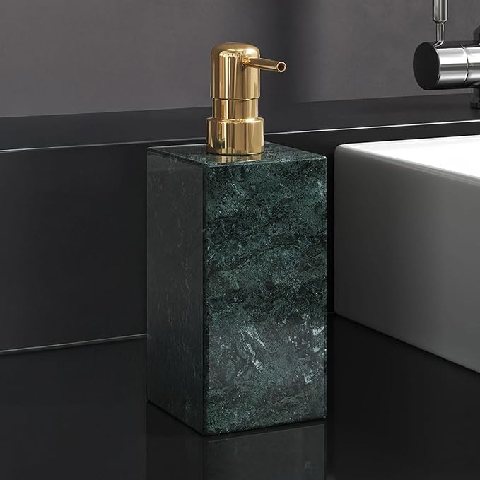 Real Natural Marble Soap Dispenser with Stainless Steel Pump Decorative Liquid Hand Soap Bottle for Kitchen Bathroom, Compatible with Lotion, Dish Soap Shower Gel (Green 1 Set)