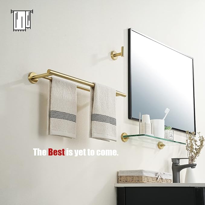 JQK Gold Double Towel Bar, 19 Inch 304 Stainless Steel Thicken 0.8mm Towel Rack Bathroom, Towel Holder Brushed Gold Wall Mount, Useable Length 16 Inch, TB100L16-BG