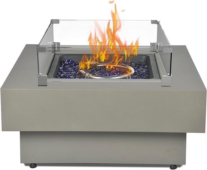 Propane Fire Pit Table with Wind Glass Shield, 32.5-inch 50,000 BTU Outdoor Gas Fire Table for Patio w/Lid, Glass Rocks, Cover, Pre-Attached 10ft Propane Hose