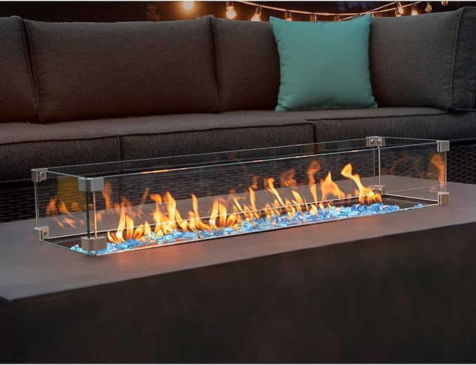 COSIEST Outdoor Propane Fire Pit Table, 56-inch x 28-inch Rectangle Bronze Compact Concrete-Like Finish, Certified, 50,000 BTU Stainless Steel Burner w Blue Fire Glass, Wind Guard, Raincover