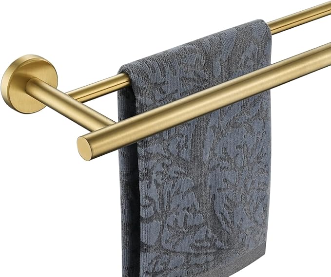 JQK Gold Double Towel Bar, 19 Inch 304 Stainless Steel Thicken 0.8mm Towel Rack Bathroom, Towel Holder Brushed Gold Wall Mount, Useable Length 16 Inch, TB100L16-BG
