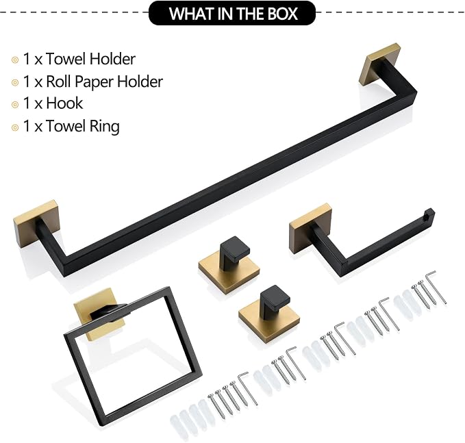 5 Pieces Bathroom Hardware Accessories Set Black and Gold Towel Bar Set,Wall Mounted Stainless Steel,23.6 Inch