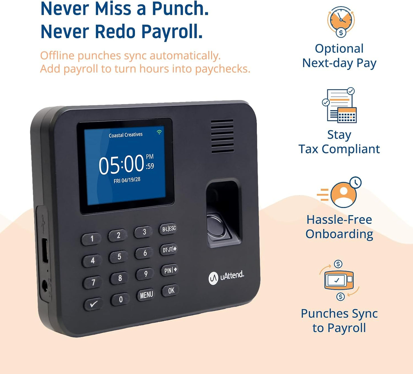 uAttend RE2000 Biometric Time Clock - Fingerprint & PIN Punching, Wi-Fi Cloud System for Small Business