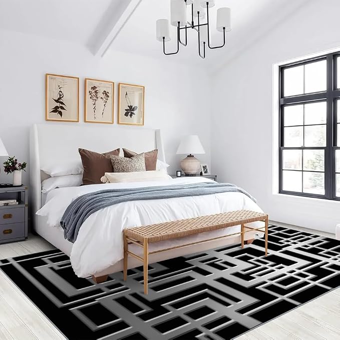 Minimalist Geometric Area Rugs, Grey Black Abstract Carpet, Washable Non Slip Low Pile Soft Rug for Living Room Bedroom Decor Mat 5x7ft