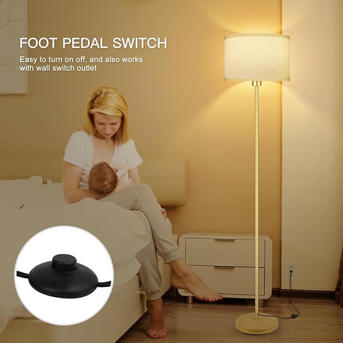 Gold Floor Lamps for Living Room, Modern Standing Lamp, White Lamp Shades, Foot Switch, Simple Pole Lamps Tall Lamp for Bedroom,Office/Living Room/Nightstand, Boho Reading Lamp(Bulb Not Included)