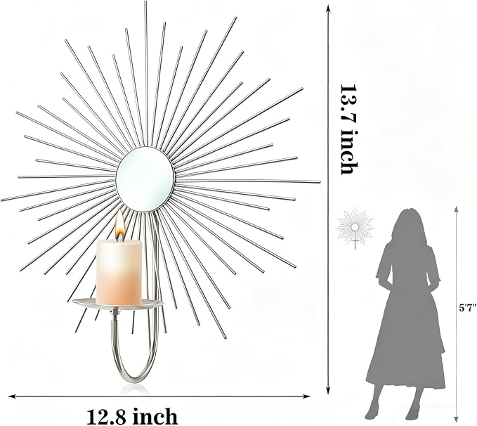 2 Set Candle Sconces Wall Decor for Living Room Metal Sunburst Mirrored Modern Gold Wall-Mounted Candle Holder Sconces Hanging Mounted Fireplace Farmhouse Wedding