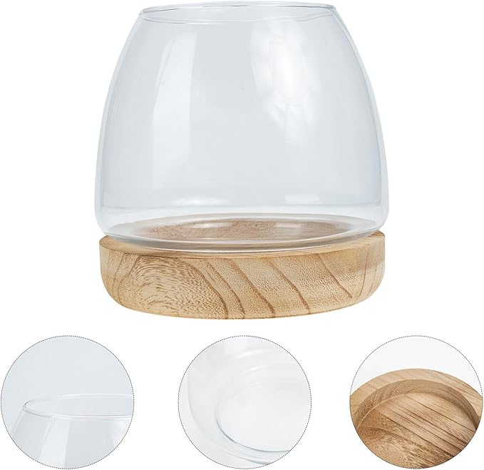 FAVOMOTO Hydroponic Flower Vase with Wooden Base Transparent Glass Micro Landscape Bottle for Desktop Decoration Premium Glass and Wood Material for Home Office Study Plant Display