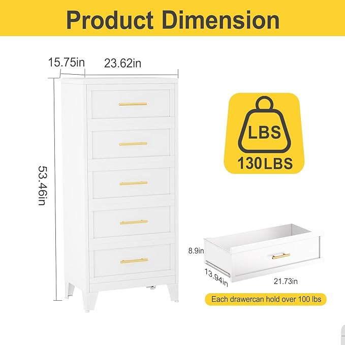 5 Drawers White Dresser for Bedroom, 53.46" Tall Metal Dressers & Chests of Drawers Curved Corner Design, Storage Organizer Drawer Chest with Large Capacity for Living Room, Entryway, Hallway