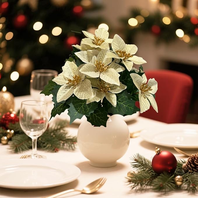 8 Pack 5 Heads Christmas Artificial Poinsettia Flowers Faux Poinsettia Bush Bouquets Silk Poinsettia Christmas Tree Ornaments Poinsettia Flower Arrangement for Home Decor