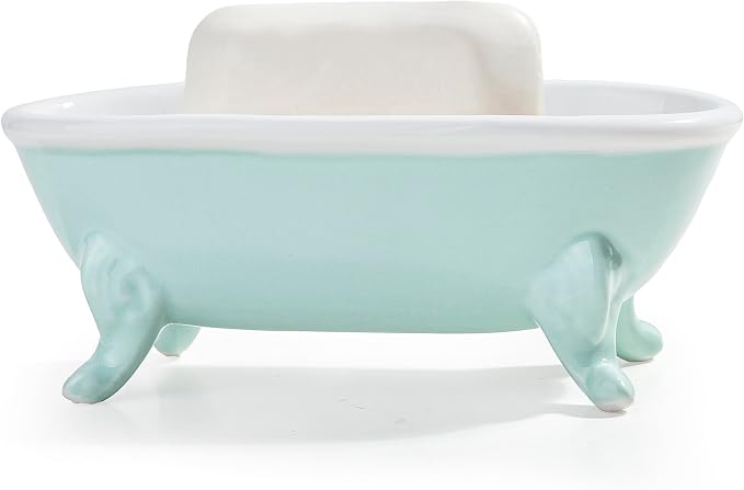 6.7" Ceramic Mini Clawfoot Bathtub Bar Soap Dish, Decorative Bar Soap Holder, Soap Tray Sponge Holder for Shower, Bathroom & Kitchen Sink (Bright Teal)