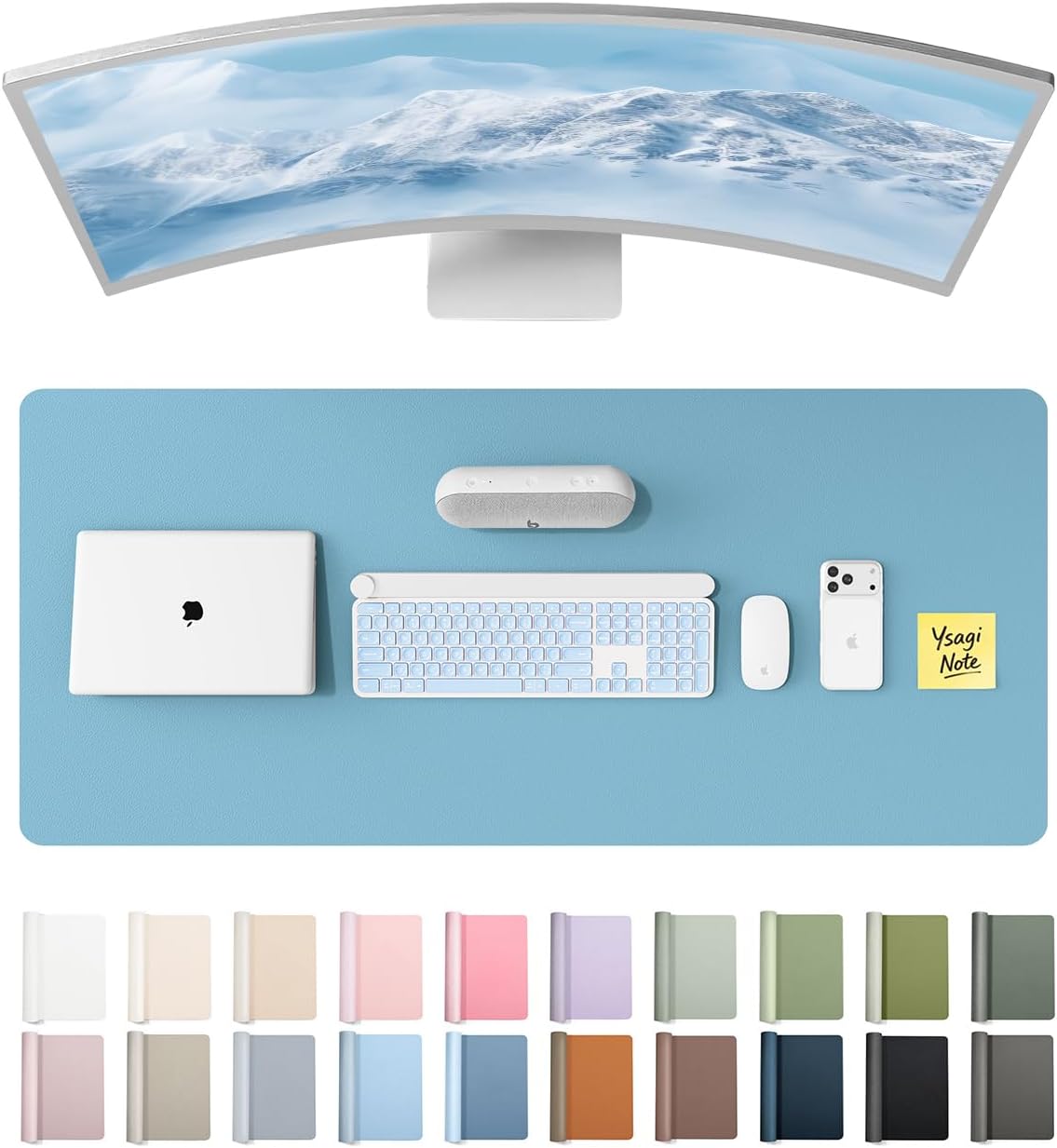 YSAGi Leather Desk Protector - Large Non-Slip PU Leather Office Mat | Waterproof Writing Pad (Sea Blue, 47" x 17")