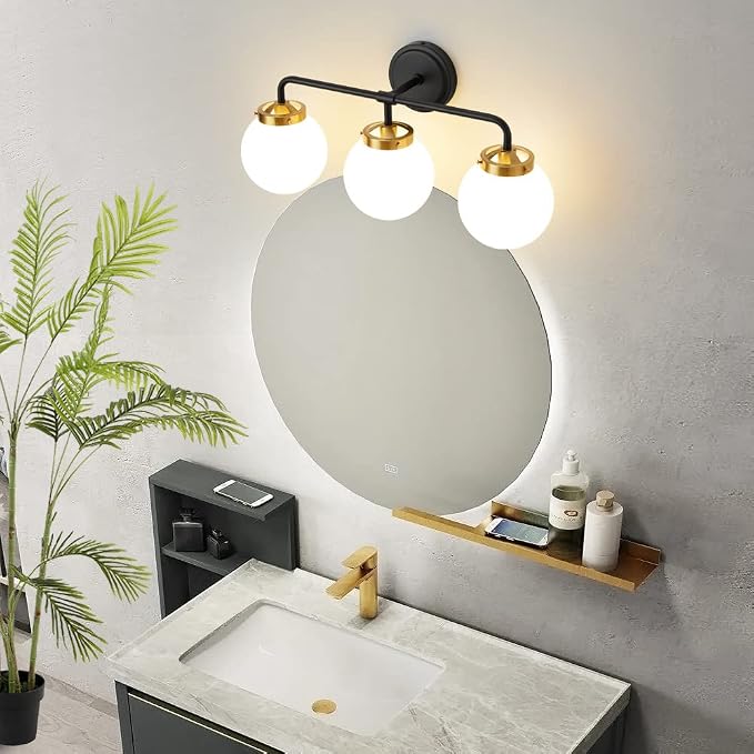Black Gold Bathroom Light Fixtures Over Mirror, 22.4'' Modern Vanity Lighting with White Glass Globe Shade 3-Light Farmhouse Wall Sconce