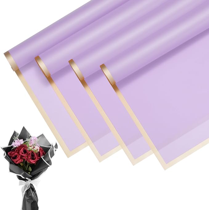 M METERXITY 20 Sheets Flower Wrapping Paper Bouquet, 23 Inch Lavender Purple Gold Edge BOPP Waterproof Floral Wrapping Paper Flower Packaging DIY for Wedding/Party/Gift Bouquet Wrap Paper
