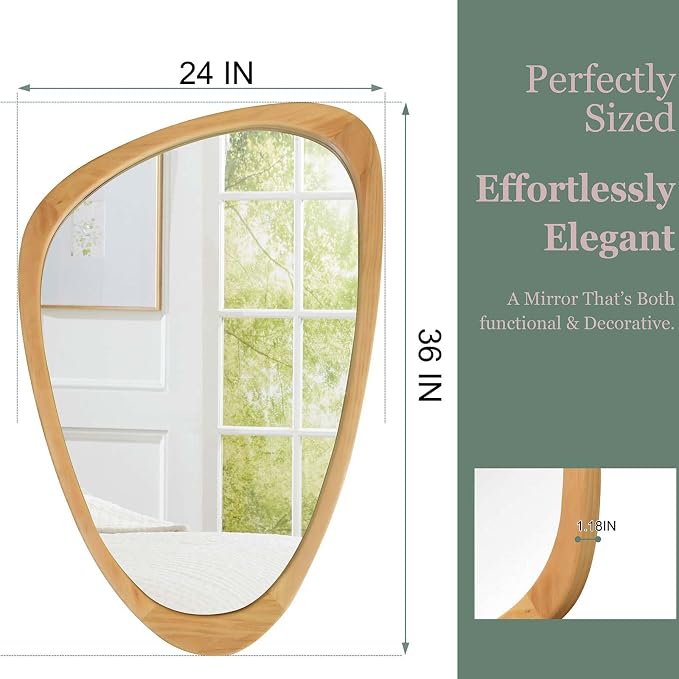 Majnesvon 24x36 Inch Asymmetrical Wall Mirror Wood,Rustic Irregular Shaped Vanity Mirror for Bathroom,Bedroom, Living Room, Entryway, Fireplace,Wall Decor,Solid Wooden Frame (Oak, 24"x36" Inch)