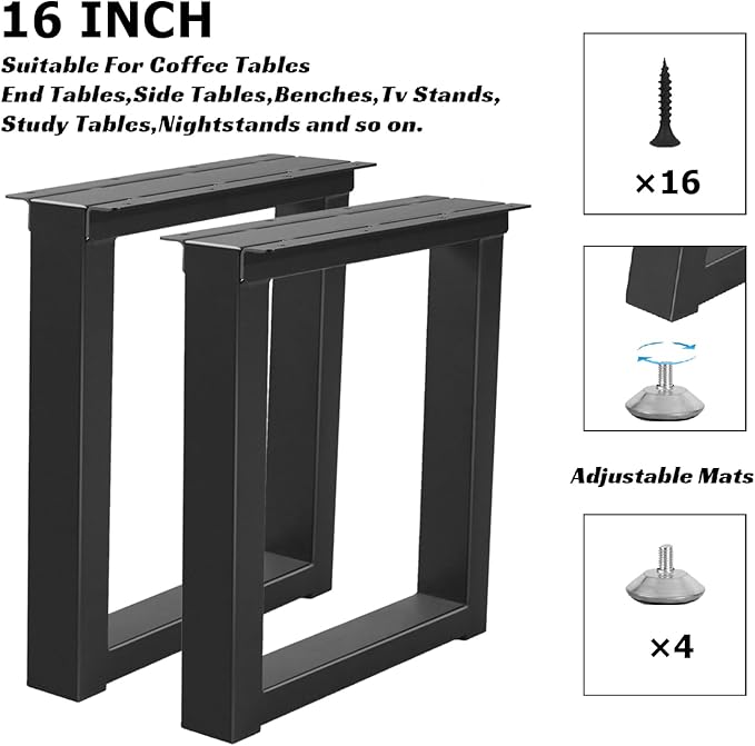 16 Inch Metal Bench Coffee Table Legs, Heavy Duty Desk/Chair Legs,Black Metal End Furniture Legs with Adjustable Protector Feet (H16” x W11.8”, Set of 2)