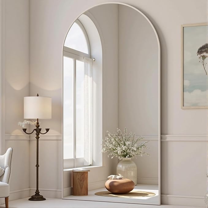 Dewfig Arched White Full Length Mirror,76"X34" Large Floor Mirror, Full Body Mirrors for Leaning or Hanging, Standing Mirrors for Bedroom, Living Room,Dressing Room, Aluminum Alloy Frame, White