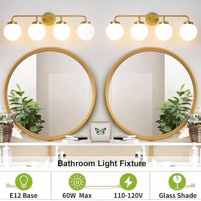 Bathroom Light Fixtures Gold Vanity Lights Over Mirror, Modern Wall Sconce Lighting 4-Light with White Glass Globe Shade