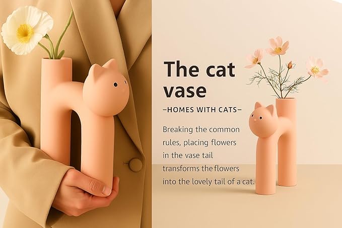 Pink Cat Lover Gift – Cute Animal Vase for Dried Flowers, Pampas Grass – Kawaii Boho Decor for Girls Room, Desk, or Shelf – Gift for Women, Girlfriend & Cat Moms