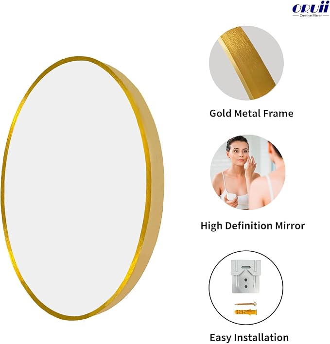 Oruii Gold Circle Mirror, 20 inch Round Mirror Metal Frame, Golden Bathroom Mirrors for Bedroom, Bathroom, Living Room, Over Sink, Rustic, Vanity