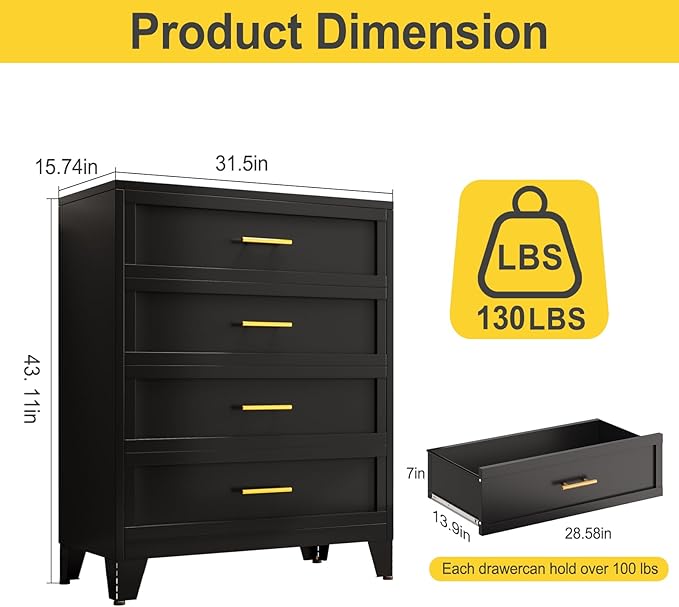 43.11" Tall Metal Dresser for Bedroom, 4 Drawer Black Dresser Chest with Gold Handles, Closet Dressers Chests with Fluted Panel, Vertical Storage Cabinet for Living Room, Entryway, Hallway
