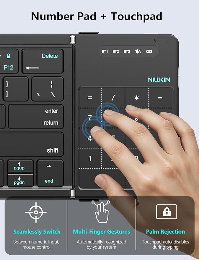 Nillkin Foldable Bluetooth Keyboard with Touchpad & Number Pad, Portable Bluetooth Keyboard with Full Size Keys, Pocket-Sized Wireless Travel Keyboards for iPad, Smartphone, Tablet and Laptop Black