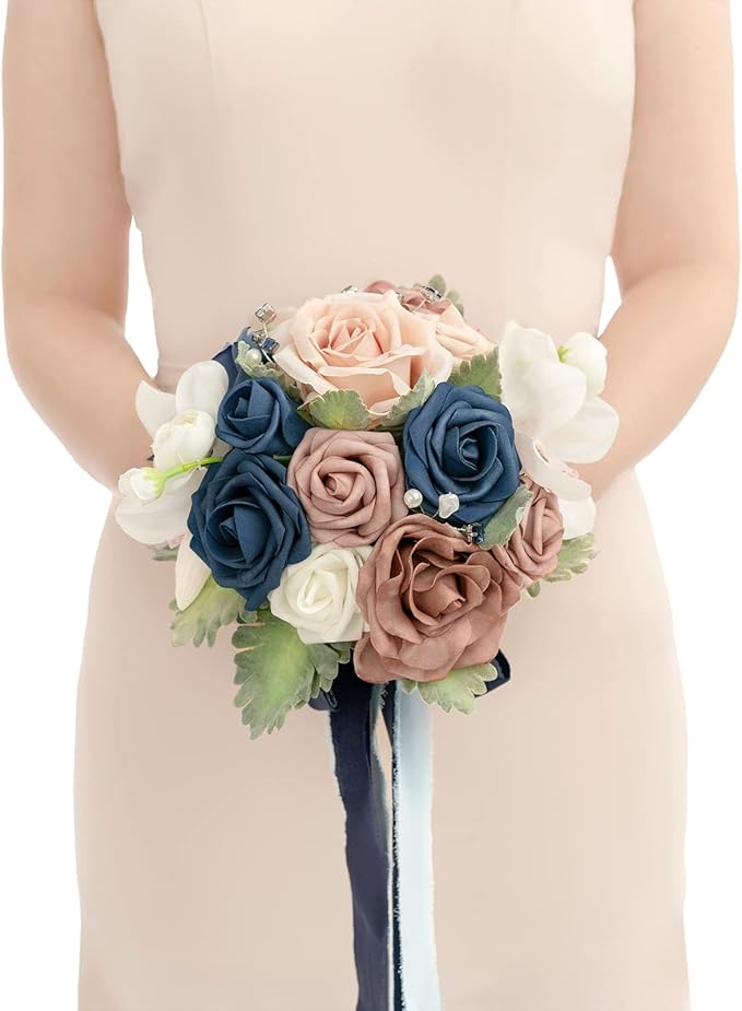 Ling's moment Artificial Flowers Dusty Rose & Blue Bridesmaid Bouquet, Wedding Flowers Bouquets for Bridesmaids, 7 Inch Bridal Bouquets for Bridesmaids, Wedding, Ceremony, Anniversary, etc