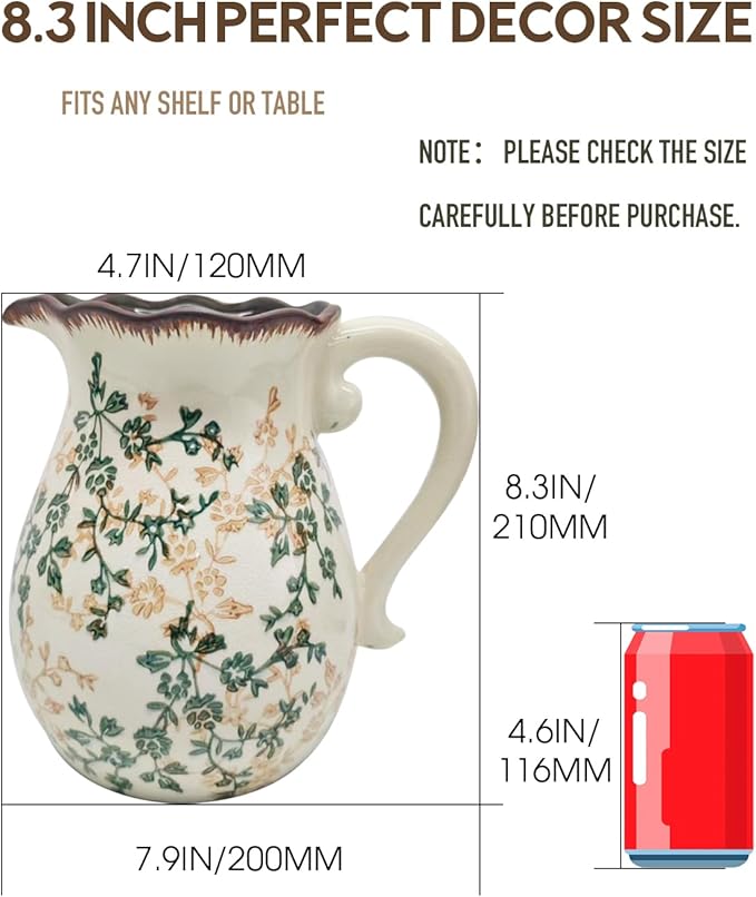 Vintage Ceramic Flower Pitcher Vase Home Decor - Tabletop Rustic Large Vase for Decor Living Room Bookshelf Office Kitchen Cottage, White Vases for Bouquet, with Handle | Grand Millennial | 8.3inch