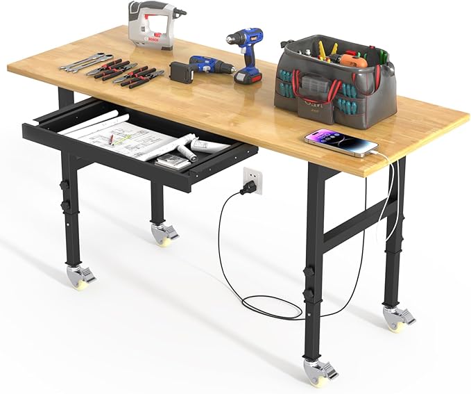 Adjustable Heavy Duty Workbench with Drawers,Rubber Wood Top Working Table, 2500 LBS Load Capacity with for Workshop and Office,etc.