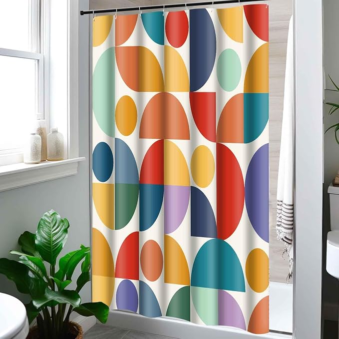 Vintage Colorful Rainbow Mid Century Shower Curtain Modern Abstract Geometric Art Bathroom Curtain Decor 48x72 Inch Washable Fabric Bright Retro Boho Circle Patterned Bath Curtain with 8 Hooks