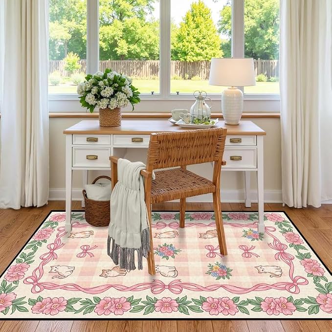 6'x9' Cat Floral Area Rug Pink Bow Flower Carpet Washable Rug Cute Cartoon Boho Floor Mat for Bedroom Living Room Nursery Playroom Classroom Home Decor