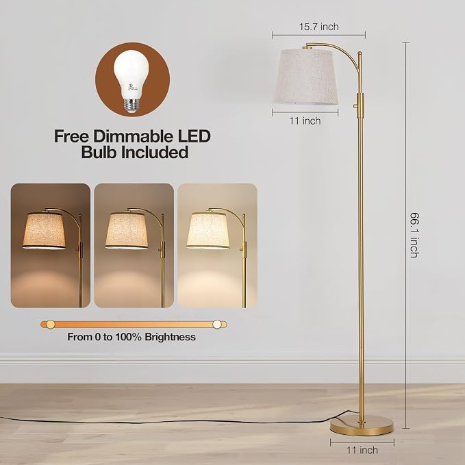 AIDENOEY Fully Dimmable Floor Lamp for Living Room，Standing Lamp Rotary Switch with Linen Beige Shade，Golden Tall Lamps for Bedroom with Adjust Head，9W LED Bulb Included