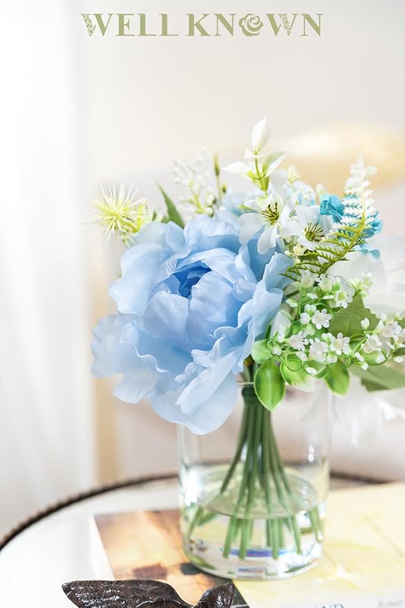 WELL KNOWN Artificial Flowers in Glass Vase with Fake Water, Silk Rose Dahlia Flower Bouquet for Home Dinning Tea Table, Office Desktop, Hotel, Wedding, Party, Lavatory Decor & Gift (Blue & White)