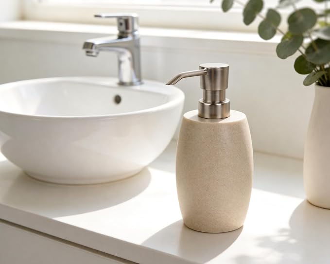 Clasin Home Sandstone Textured Resin Soap Dispenser with Metallic Pump and Waterproof Bottle Labels for Bathroom Kitchen Dish Hand Wash Shower Lotion Shampoo, 12 Oz, 2 Sets Beige