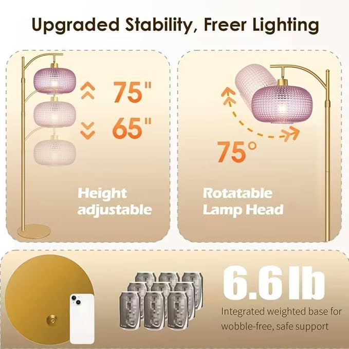 Pink Glass Floor Lamp for Living Room,Bedroom,Gold Dimmable Standing Lamp with Remote,Mid Century Modern Brass Tall Lamp Boho Floor Lamps Arc Stained Glass Flower Floor Light Lamp Girls kids Bohemian
