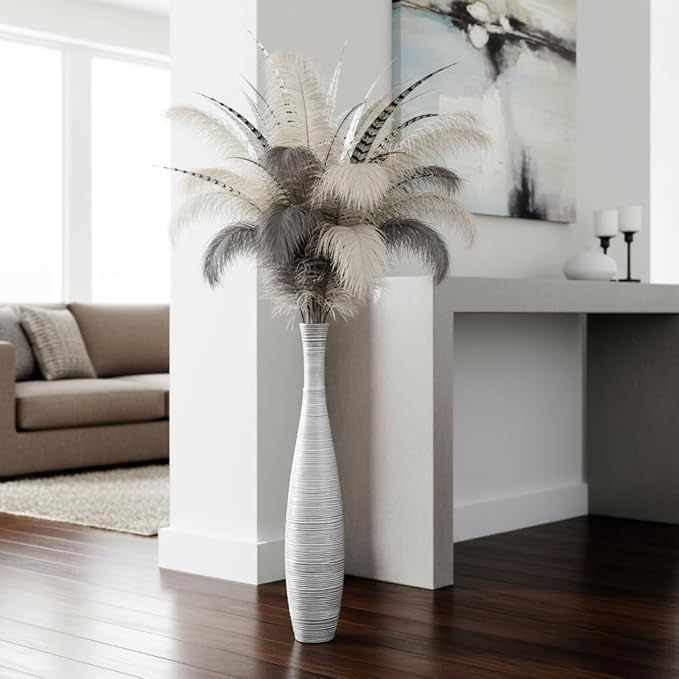Tall Floor Vase, 27.5 inches (70cm, 2.3FT) Tall Vases Sturdy and Luxurious,Floor Vase for Country Home Decor, Living Room, Resin Silver Floor vase