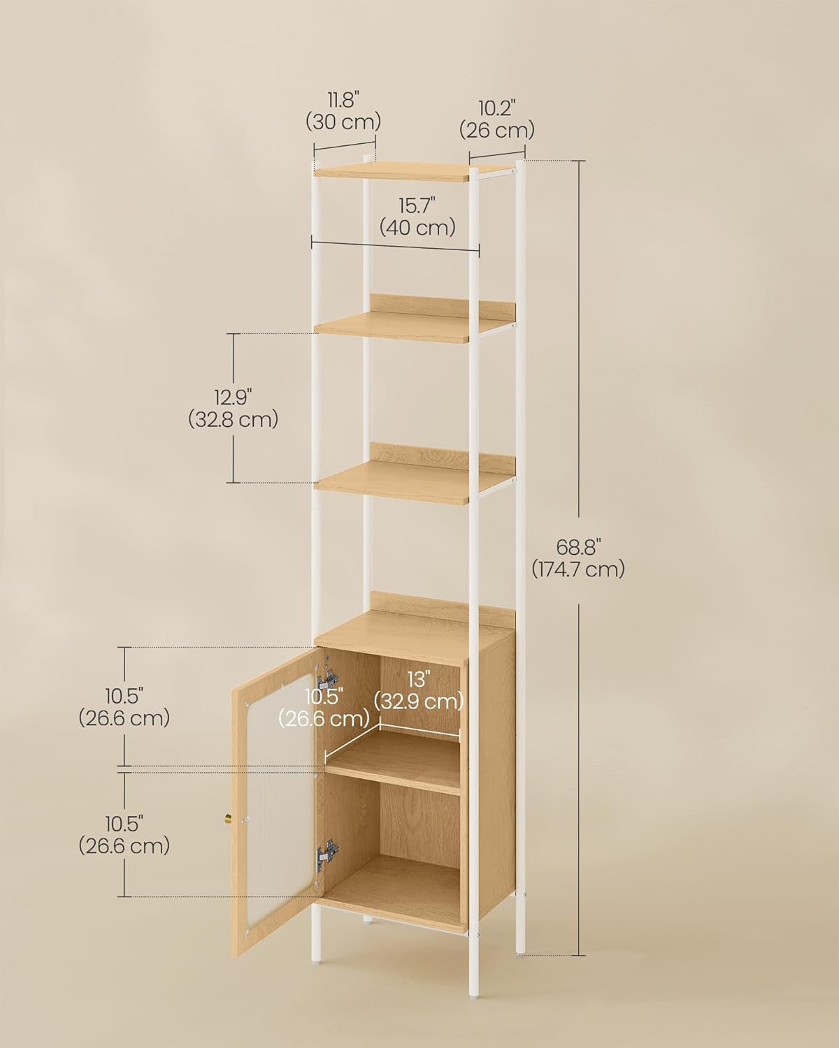 VASAGLE 6-Tier Bookcase - Slim Freestanding Storage Shelf with Adjustable PC Door | Oak Beige & Pearl White