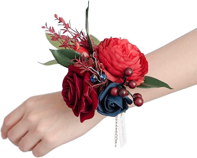 Ling's moment 2pcs Prom Wrist Corsage Artificial Flowers, Girl/Mother Corsages Wristlet Décor for Homecoming/Wedding/Anniversary, etc. Burgundy Navy