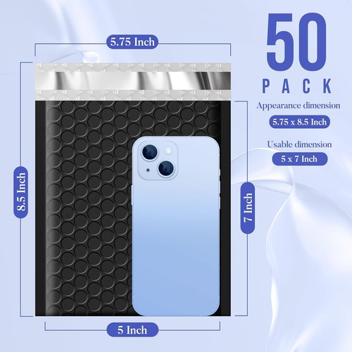Fuxury Bubble Mailers - 50 Pack Black Waterproof Padded Envelopes | Self-Seal 5x7" for Jewelry & Makeup Shipping