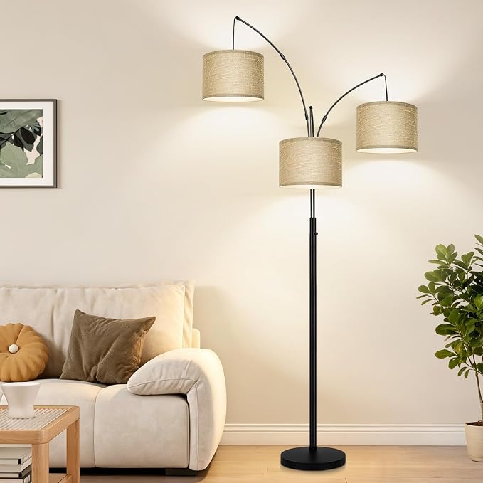 Nintiue Dimmable Floor Lamp, 3-Light Black Tree Floor Lamp with Champagne Linen Shades, Mid Century Modern Standing Lamp with Heavy Base, 3 LED Bulbs Included for Living Room Bedroom Office