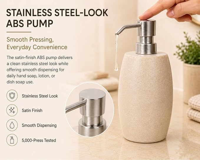 Clasin Home Sandstone Textured Resin Soap Dispenser with Metallic Pump and Waterproof Bottle Labels for Bathroom Kitchen Dish Hand Wash Shower Lotion Shampoo, 12 Oz, 2 Sets Beige