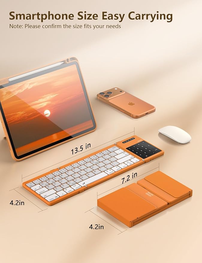 Nillkin Foldable Bluetooth Keyboard with Touchpad & Number Pad, Portable Bluetooth Keyboard with Full Size Keys, Pocket-Sized Wireless Travel Keyboards for iPad, Smartphone, Tablet and Laptop Orange