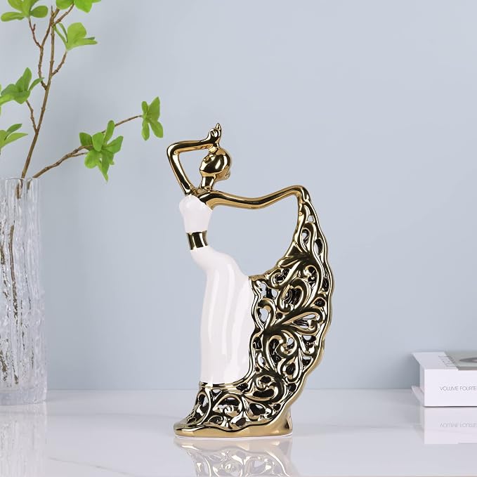 DOVDOV Peacock Statue and Sculpture, Female Dancer Sculpture, Modern Home Golden Ceramic Statue for Coffee Table, Entrance, Living Room, Bedroom Office Decoration Accessories (White Gold)