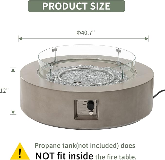 COSIEST Outdoor Propane Fire Pit Coffee Table w Gray 42 inch Round Base Patio Heater, Certified, 50,000 BTU Stainless Steel Burner, Wind Guard, Transparent Gray Fire Glass, Rain Cover