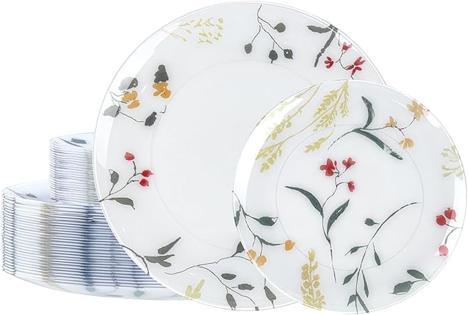U-QE 50Pcs Wildflower Plastic Plates - Spring Floral Plates Disposable Heavy Duty, Fancy Floral Pattern Perfect for Weddings, Tea Parties, Holidays - 10.25" Dinner Plate & 7.5" Dessert Plate