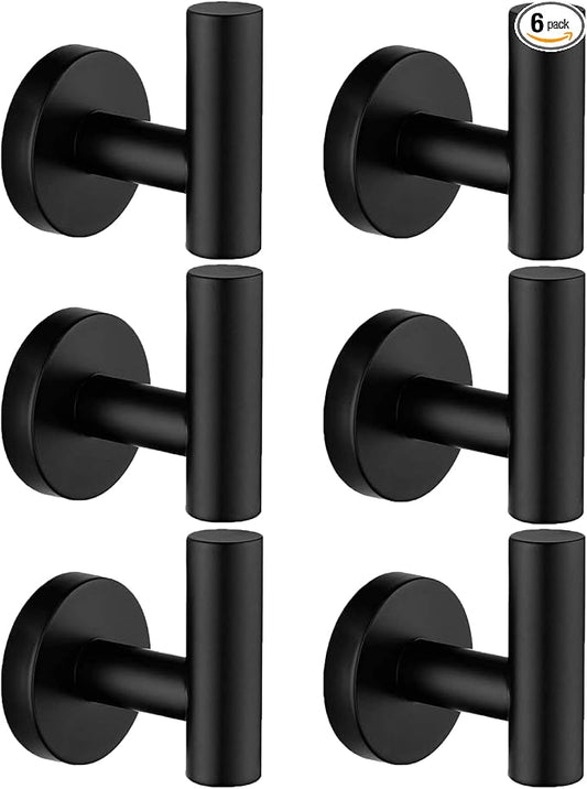 Nolimas Towel Coat Hook Matte Black SUS304 Stainless Steel Bathroom Clothes Cabinet Closet Sponges Robe Hook Wall Mounted Round Kitchen Heavy Duty Door Hanger 6 Packs