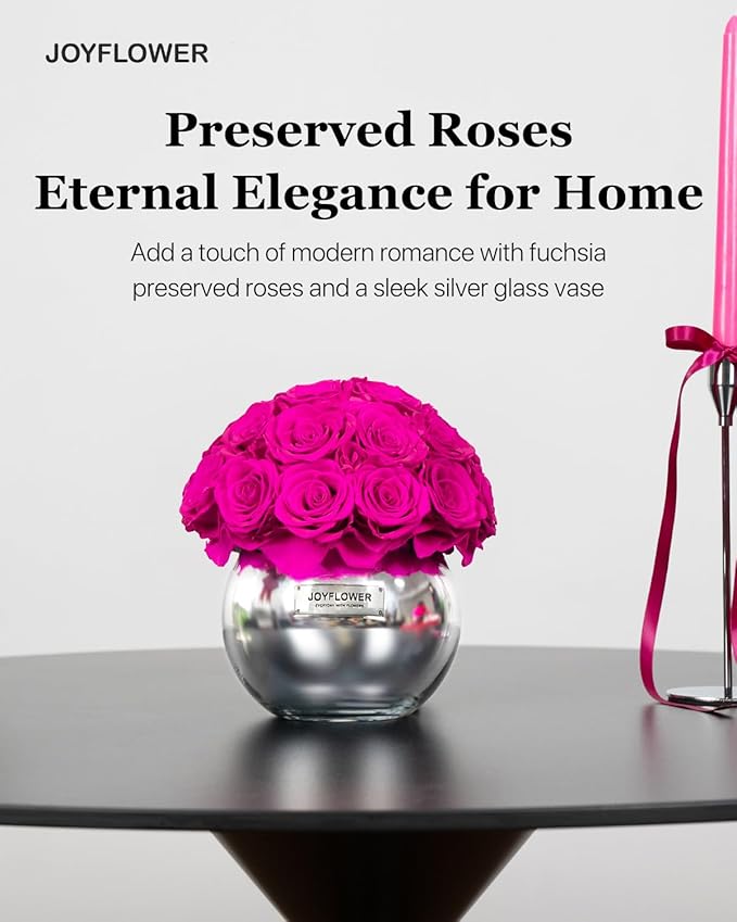 JoyFlower Preserved Flowers Vase Glass Decor, Eternal Flower Vases for Centerpieces, Forever Flower Decorations for Party Home Wedding Table Living Room Bedroom, Preserved Roses Glass Vase House Decor