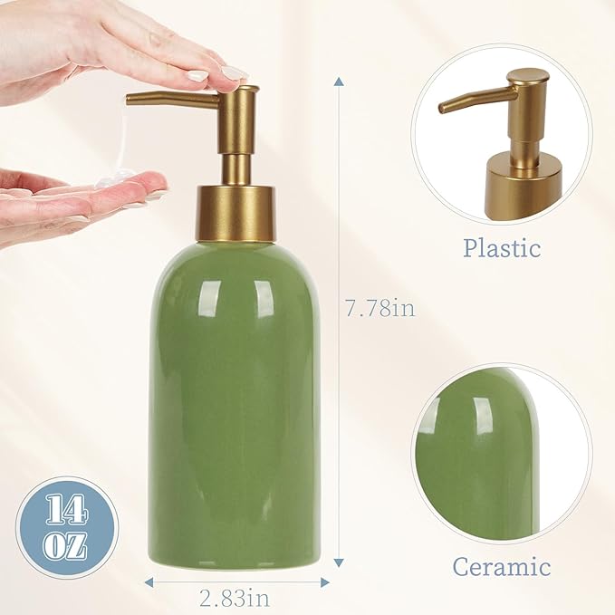 Natheeph 14OZ Ceramic Soap Dispenser Ceramic Soap Pump Dispenser Can Fill Liquid for Bathroom/Kitchen (Green)