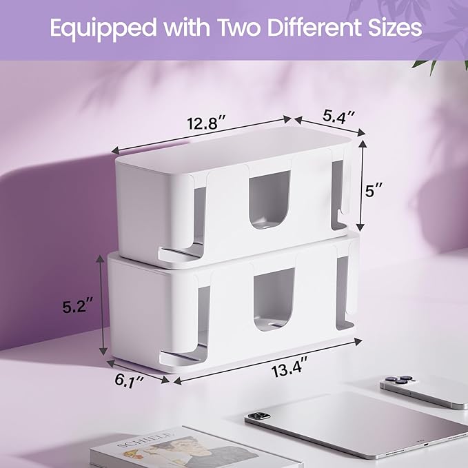 Delamu 2 Pack Cable Management Box, Stylish Cable Organizers for Cords, Pet & Child-Proof ABS Cord Hider Box, Medium and Small Cable Box for Computer Router Box Hider USB Hub, Floor Cord Covers, White
